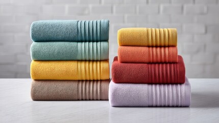 Stacked Soft Bath Towels - Luxurious, absorbent bath towels neatly stacked, symbolizing cleanliness, comfort, relaxation, freshness, and well-being