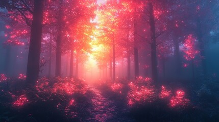 Neon Fantasy Forest with Galactic Glow: Rainbow-Hued Trees, Cosmic Flames & Ethereal Smoke in Mystical Dark Landscape for Surreal Worldbuilding