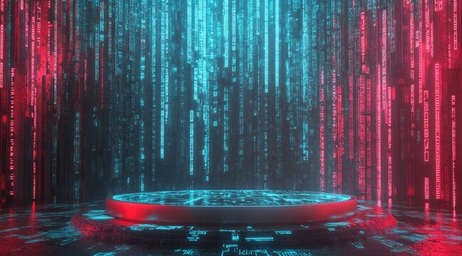 Digital pedestal bathed in vibrant code