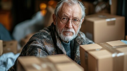 Elderly man with glasses surrounded by cardboard packages indoors