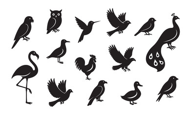 Set of black bird silhouette design bundle, wild flying birds illustration logo icon symbol
