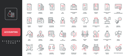 Accounting, budget balance and tax, revenue analysis of business company, audit line icon set. Invoice, statement sheets of accountant, regulation thin black and red outline symbol vector illustration