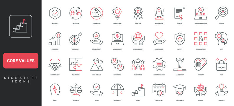 Core values, business integrity and quality of communication, high results line icon set. Mission and target, goal progress, teamwork commitment thin black and red outline symbols vector illustration