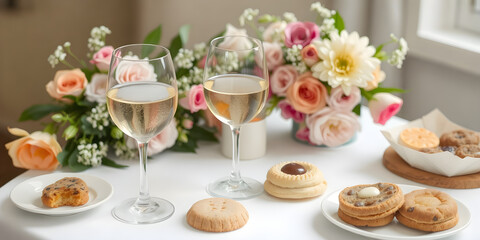 A beautifully arranged table features a glass of white wine, assorted snacks including cookies and pastries, and a bouquet of fresh flowers