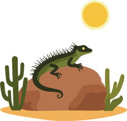 Flat Vector Illustration of Green Desert Iguana on Rock with Cactus and Sun in Minimalist Style
