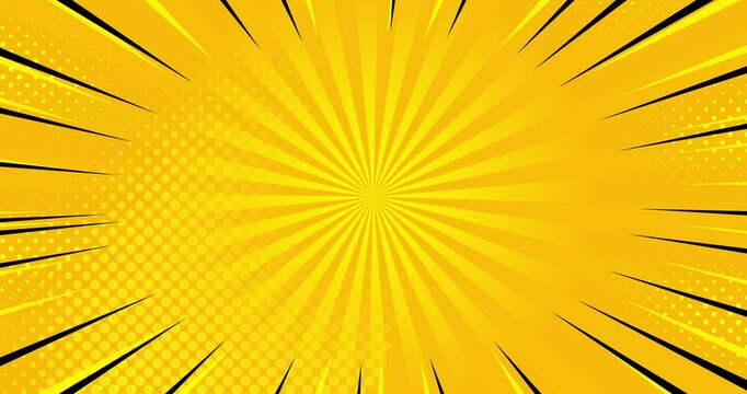 4k loop animated background yellow orange pattern with black speed lines. Comic book blank video. Children design style. Retro pop art texture. Moving on round. Sunny kid funny Birthday party banner 