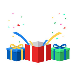 colored icon of three gifts, two closed and one open open there is a splash of paper, suitable for birthday celebrations