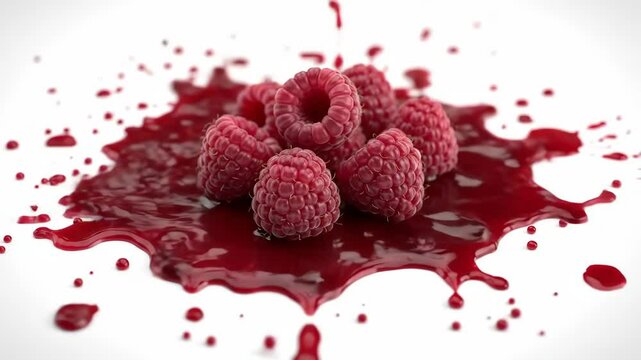 Cinematic close-up of raspberries in glossy coulis with dramatic red splatter, dynamic orbit, zoom, and tilt