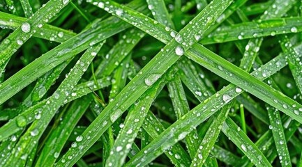 Dew-kissed grass blades crisscrossing