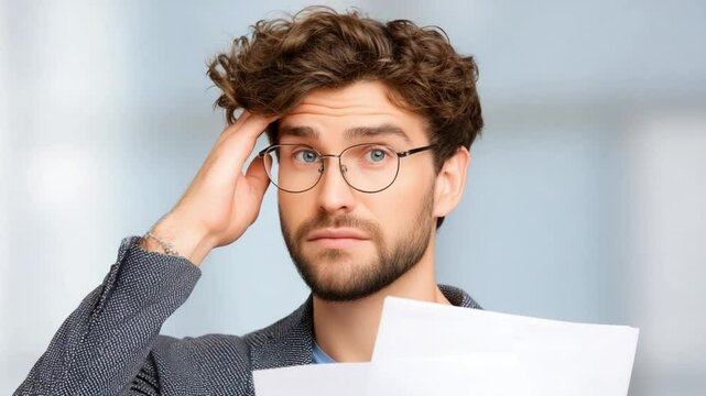 Puzzled Expression: A close-up shot of a thoughtful individual wearing eyeglasses, appearing deeply perplexed while examining a document