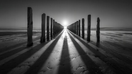 Fototapeta premium Shadow of a Derelict Wooden Pier Extending Across Wet Sand at Sunset Evoking Nostalgia and Serenity