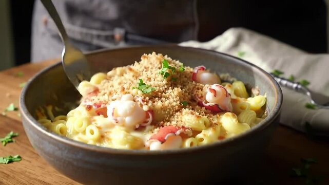 Cinematic close-up of lobster macaroni and cheese with golden breadcrumb crust, dynamic orbit, tilt, and zoom