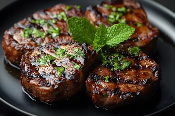 Grilled Meat with Fresh Herbs on Black Plate for Gourmet Presentation