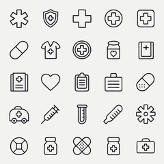 Set of Medical and Healthcare web icons in line style. Medicine, check up, doctor, dentistry, pharmacy, lab, scientific discovery, collection. Vector illustration.