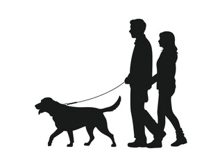 Couple walking dog silhouette holding hands on a sunny day leisure activity