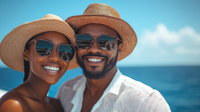 Happy afro couple wearing stylish hats and sunglasses while enjoying vacation by the ocean on a sunny day. 