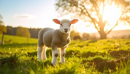 Cute Young Lamb Standing on Green Pasture in Soft Sunlight with Blurred Countryside Background
