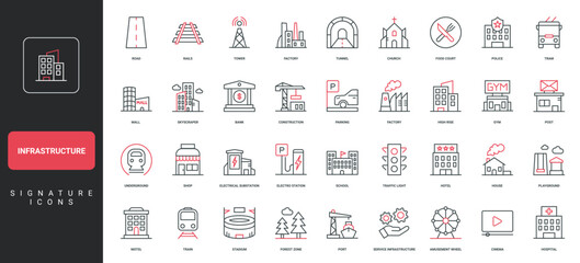 City infrastructure, building and road, public transport, industry and energy facility line icon set. Shopping mall and office, tunnel and park thin black and red outline symbols vector illustration © Icon Majesty