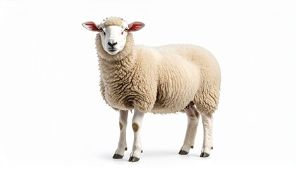 Obraz premium Realistic Adult Sheep with Thick White Wool Standing Isolated on White Background