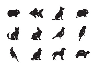 Pet animal black silhouette bundle set design. bird, fish, mammal, canary, cat, Cockatiel, dog, hamster icon clip art