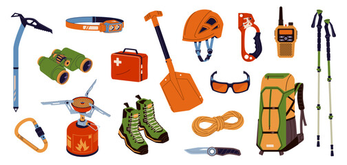 Mountaineering and touristic equipment set. Head-mounted flashlights, carabine, helmet, knife, protective glasses, boots, walkie-talkie, jumar, first aid kit, binocular. Isolated on white background