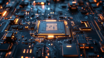 Electronic signal move and flashes along surface tracks of the neon colored circuit board	