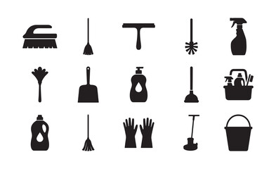 set of home cleaning tools or items black silhouette design, mop broom bucket laundry bundle logo icon
