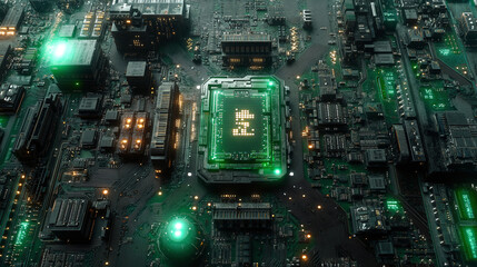 Electronic signal move and flashes along surface tracks of the neon colored circuit board	