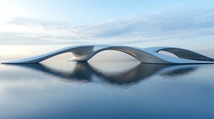 A modern bridge spans a calm body of water.