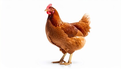 Fototapeta premium Realistic Brown Laying Hen Standing Isolated on White Background in Soft Studio Light