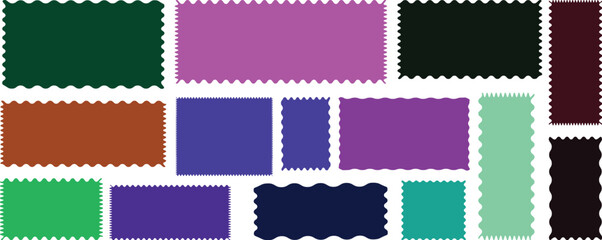 Colorful scalloped frames. Rectangle shape frame with wavy edge. Geometric shapes stickers with zigzag wavy edge. Set of frames with zigzag edge, scallop edge shapes. Vector illustration 