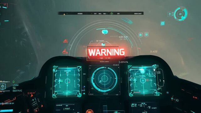 Warning lights blinking intensely across futuristic spaceship control panel during critical space mission, highlighting aerospace technology and potential emergency scenario