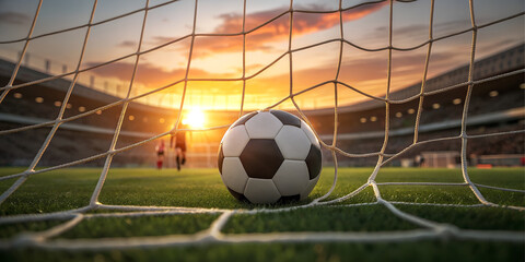 Soccer ball in net at sunset professional sports game stadium