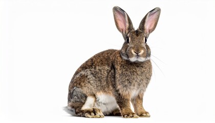 Fototapeta premium Realistic Domestic Rabbit Sitting Isolated on White Background with Soft Fur Texture