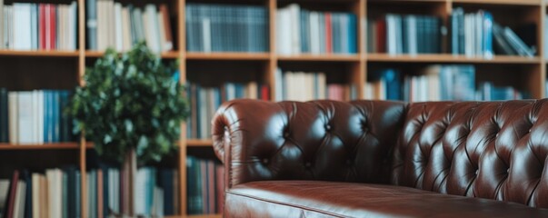 Naklejka premium Brown leather sofa in front of bookcase with books home interior