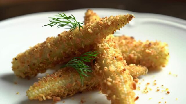 Crispy breaded baby corn with dill garnish close-up, cinematic orbit and zoom
