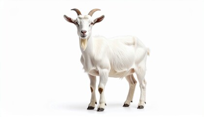 Realistic White Domestic Goat with Small Horns Standing Isolated on Pure White Background