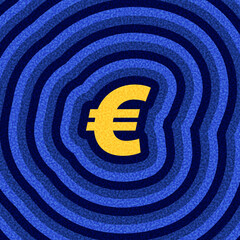 Vector illustration of a yellow euro sign centered in bold blue concentric wave patterns with a textured, graphic look.