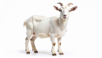 Realistic White Domestic Goat with Small Horns Standing Isolated on Pure White Background