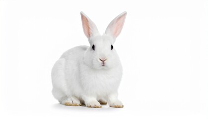 Obraz premium Realistic White Domestic Rabbit Sitting Isolated on White Background with Soft Fur Texture