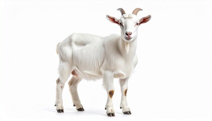 Realistic White Domestic Goat with Small Horns Standing Isolated on Pure White Background