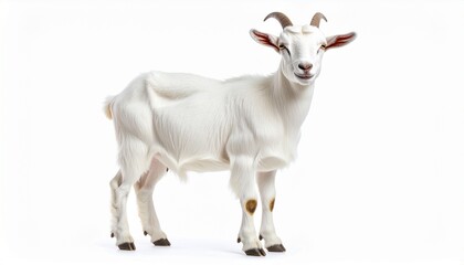 Realistic White Domestic Goat with Small Horns Standing Isolated on Pure White Background