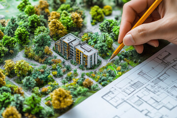 Urban planning sustainable city design green architecture hand drawing skyscrapers. Architect designing modern high-rise residential building area model.	