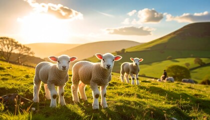 Fototapeta premium Spring Lambs in Sunny Countryside – Brecon Beacons National Park, Wales Landscape