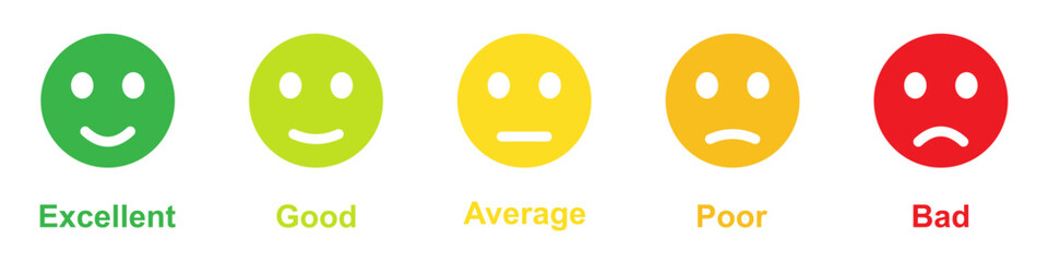 Rating emojis set in different colors. Emoji rating icon set. Emotion levels on scale. Vector