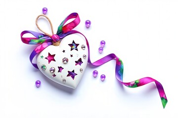 Heart-shaped decoration with stars and beads, wrapped in colorful ribbon.
