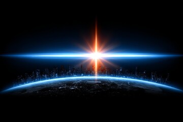 Cosmic City Dawn - A futuristic city skyline illuminated by a radiant sunrise from space, symbolizing hope, progress, technology, unity, and a bright future