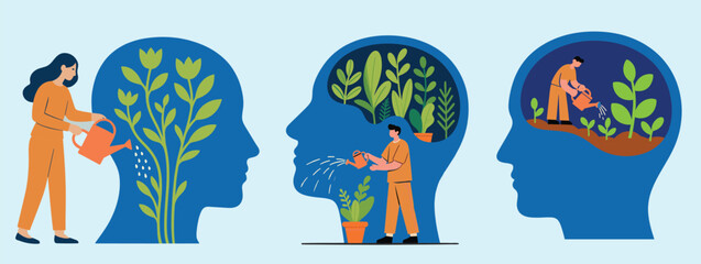 Person watering plants growing inside a human head silhouette, creative mental growth concept, flat illustration style, blue and orange color palette.