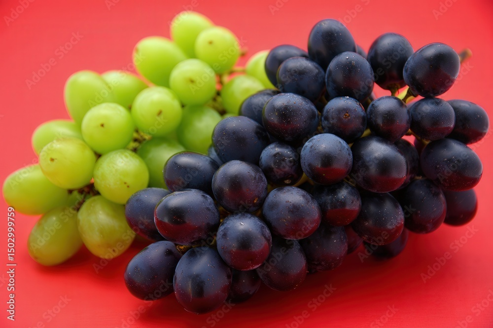 Poster grapes in bunches on red surface.