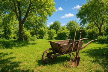 A rustic wooden wheelbarrow stands on lush green grass under a clear blue sky, surrounded by trees and a peaceful garden environment, representing the beauty of nature.